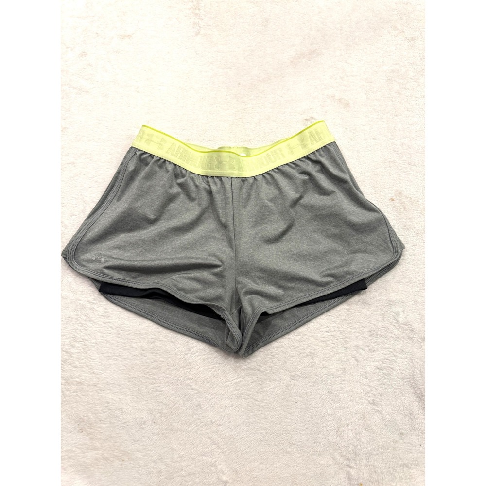 Under Armour Womens XS Gray Neon Yellow 2-in-1 Running Shorts Built-in Liner